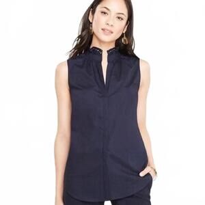 Ann Taylor-ruffle neck button down sleeveless blouse-navy blue